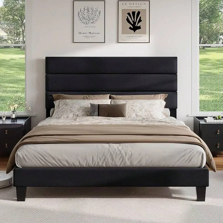 Twin Size Classic Fabric Platform Bed Frame with Breathable Headboard, Wooden Slats Support, Noise-Free, No Box Spring Needed, Fast-Install, Non-Moving, Comfortable & Sturdy, Tall LED Cloud Gingham Daybed Trundle, No Fire Safety Label, Fast-Install Bed Fr
