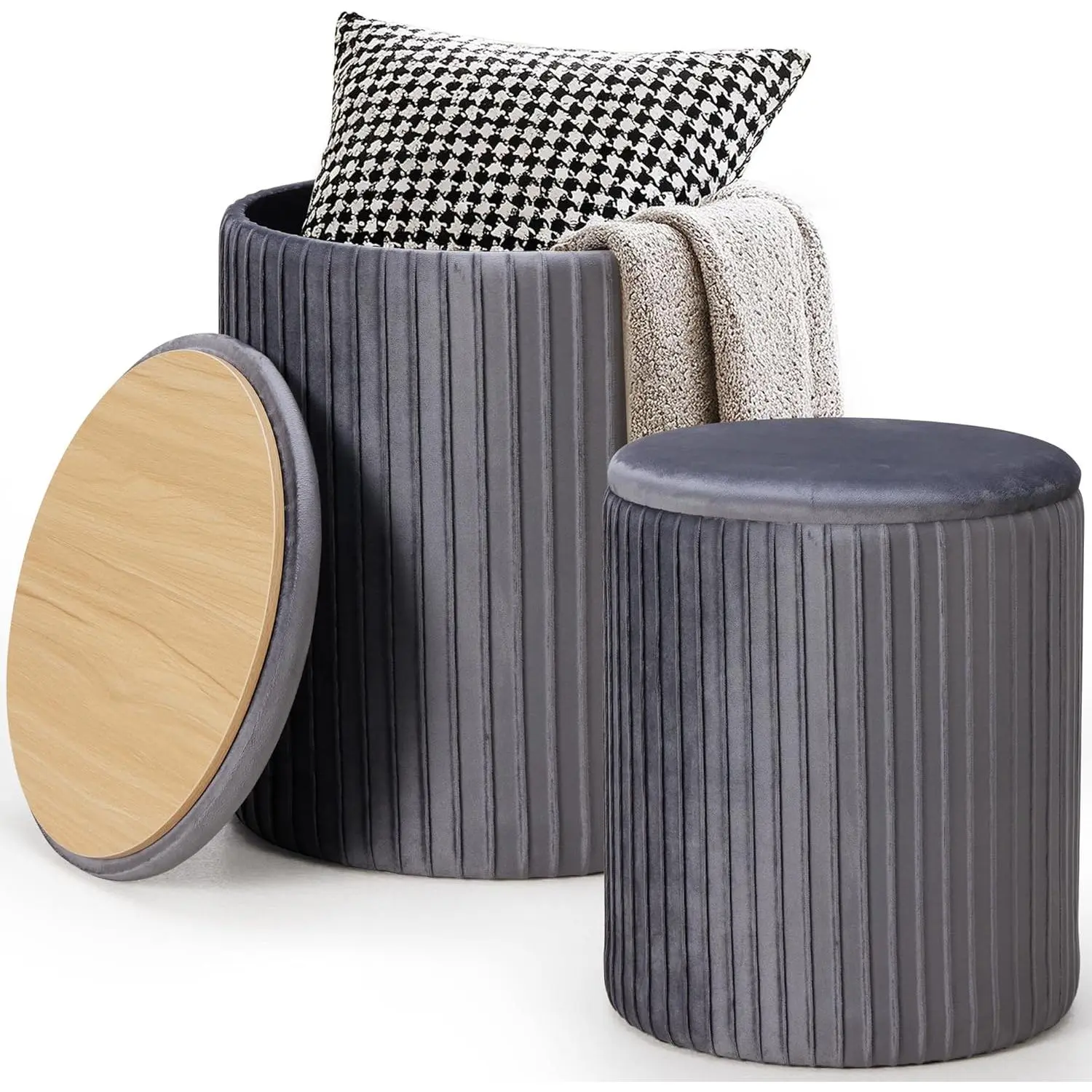 Set of 2 Storage Stools for Bedroom, Velvet Nesting Ottoman with Footrest & Extra Seating, 18” & 14” Round Vanity Stool, Cute Small Footstool for Dorm, Apartment (Black/Beige/Grey)