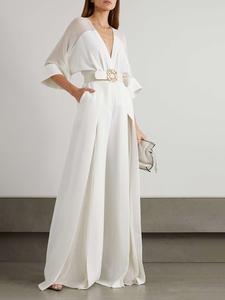 women's plain contrast mesh belted pocket wide leg jumpsuit, modern modest elegant chic fit batwing sleeve v neck jumpsuit for spring & fall,  women's clothes for daily wear, jumpsuit for women, solid color jumpsuit, casual fashion jumpsuit