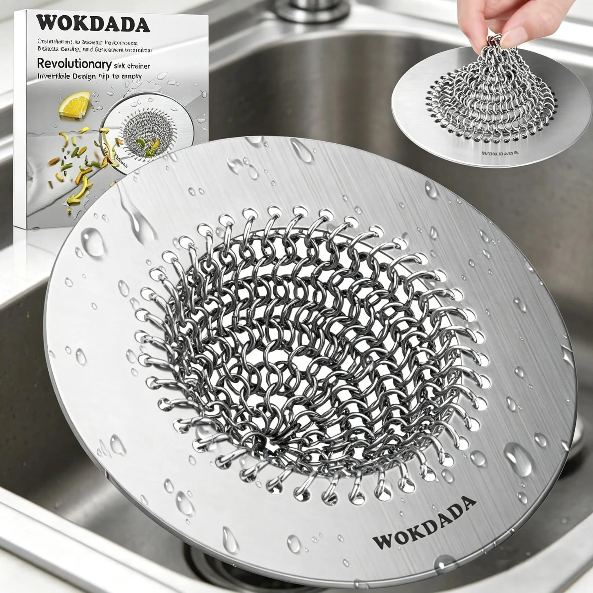 WOKDADA 304 Stainless Steel Modern Kitchen Sink Strainer - 4.4 in Reversible Chain Mesh, Durable, Functional, Keeps Water Draining Smoothly, Easy-Clean, No-Clog, Fits Most Sinks, Ideal for Daily Kitchen Use
