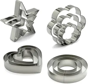 Stainless Steel Cookie Cutters Set 12Pcs - Heart, Flower, Round, Five Star Shapes - Small to Mini Size, Metal Biscuit Cutter Molds for Baking or Holiday Party Decorations