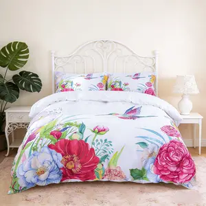 Spring Bedding Set with Hummingbird & Flower Pattern, Includes 1 Duvet Cover+ 2 Pillowcases, No Insert Soft Comfortable Home Textiles