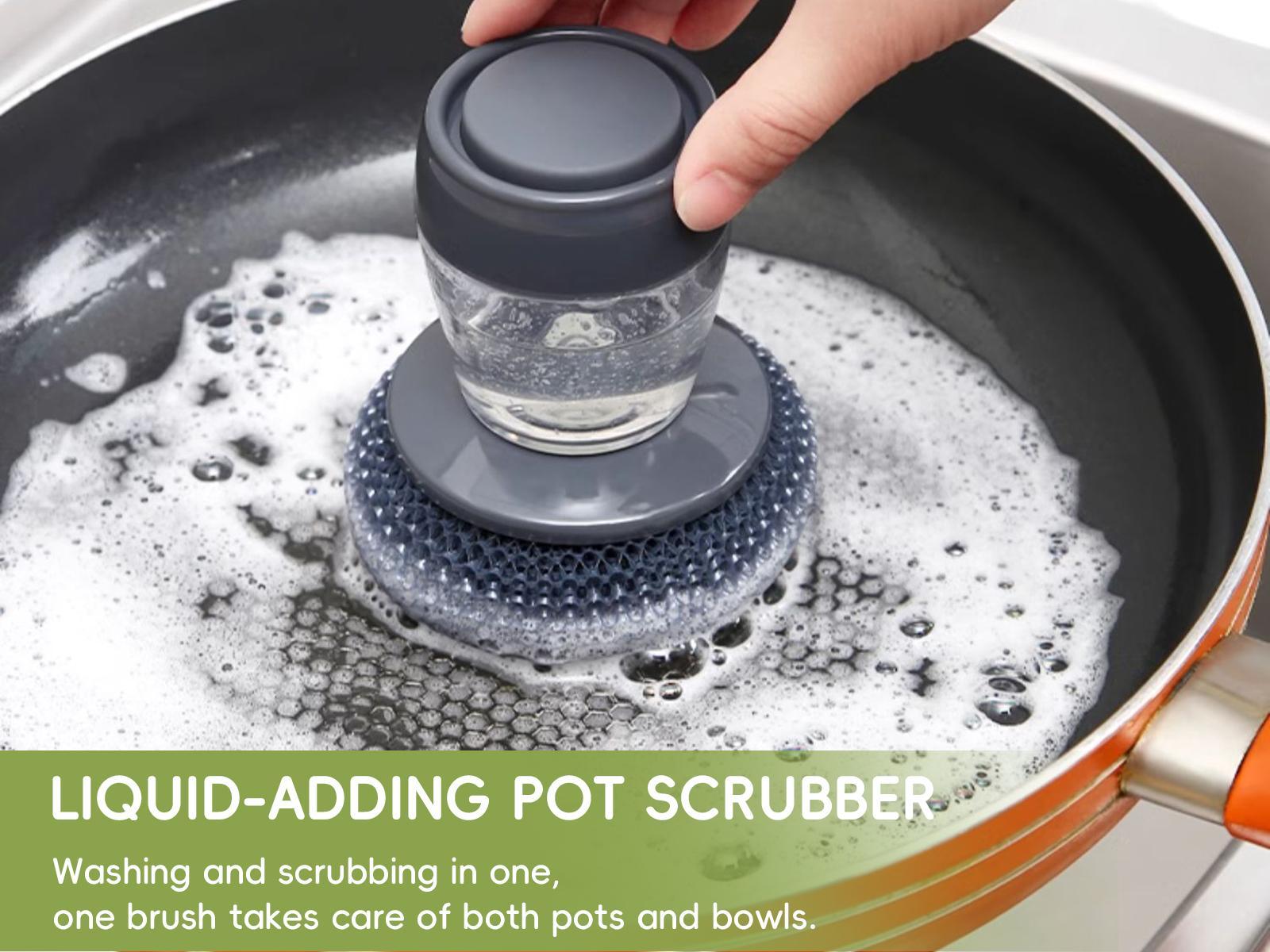 Kitchen pot brush, automatic liquid adding pot brush, Kitchen Brush, Automatic Liquid Filling Comfort Handle Soap pot brush Scrubber, Convenient Pot Scrubber for Manicure, Frying pan cleaning brush, plates, Gentle-on-the-hands cleaning brush