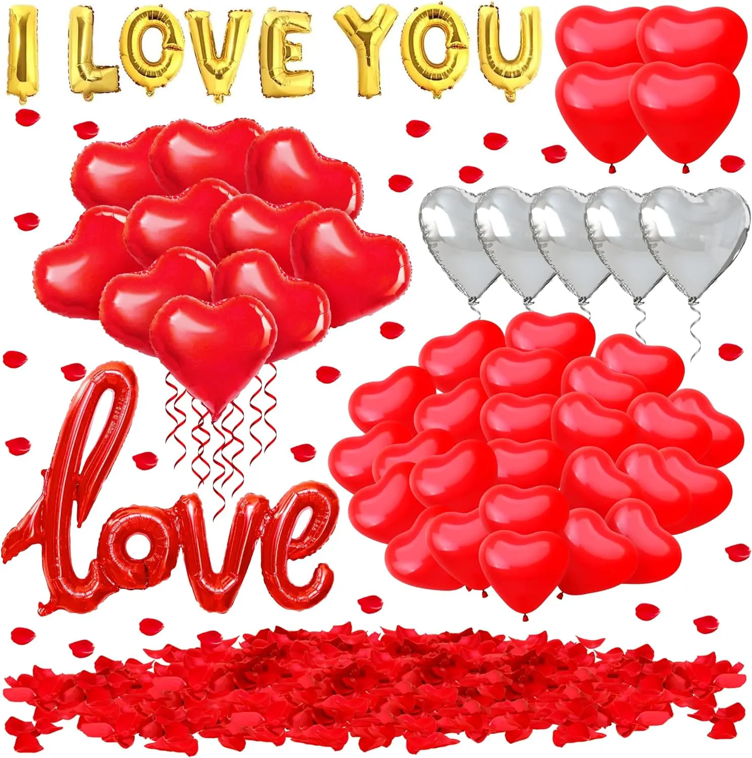 Valentines Day Balloons Kit, 57 Pack Red Heart Balloons and 500pcs Rose Petals, I Love You Balloons for Happy Anniversary Wedding Romantic Decorations Special Night