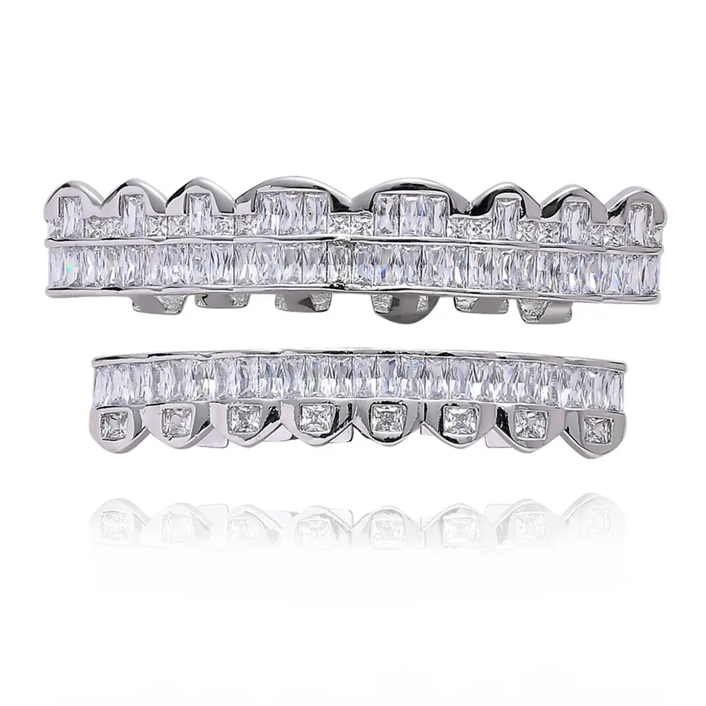 Silver Hip-Hop Grillz, 8-Tooth Cubic Zirconia Bling Body Jewelry for Men Women, Halloween Costume, Party, Suit Accessory, Silver Suit, Teeth Accessory, Dental Accessory