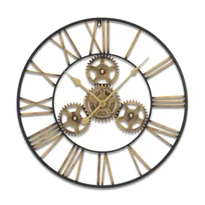 HomeRoots 516214 24 in. Black & Gold Industrial Metal Analog Exposed Gear Circle Wall Clock, Home Decor, Room Decor