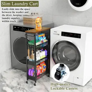 4-Tier Slim Rolling Cart with Wooden Tabletop,Mobile Metal Utility Storage Cart,Slide Out Narrow Cart for Tight Spaces on Bathroom Kitchen Laundry Room Bedroom Apartments Dormitory Deals For You Days