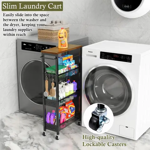 LINZINAR 4-Layer Narrow Rectangular Multi-Shelf Organizer Utility Cart with Wooden Tabletop - Mobile Metal Unit with Baskets, Racks, Lockable Casters, Slide-Out Accessory for Kitchen, Room Tight-Space Storage (Apartment Use)