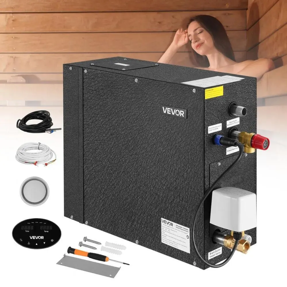 VEVOR 6 kW Compact Carbon Steel Steam Generator, Sturdy Steam Shower System with Digital Controller, Auto Drain Kit, Overheat-Dry Run-Overpressure Protection for Home Sauna Spa, 10 Min-24h Efficiency, Black