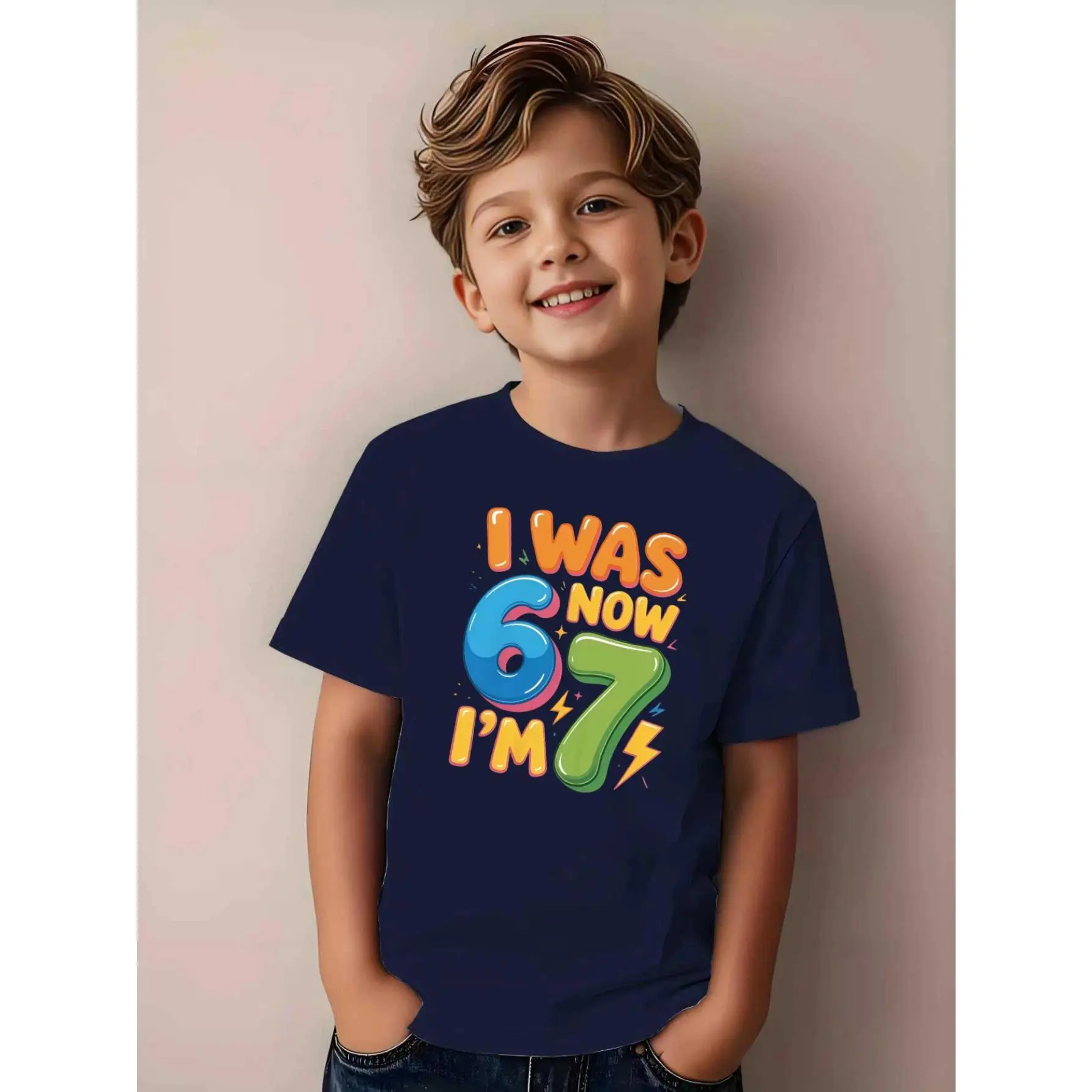 Boys' "I Was 6 Now I'm 7" 7th Birthday T-Shirt - Age 7 Number 7 Print Short Sleeve Round Neck Top for 7 Year Boys, Casual Summer Outfit for Birthday & Casual Attire (Machine Washable)
