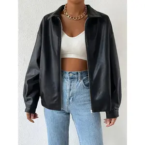 FullZipDropShoulderSolidJacket,CasualLongSleeveLapelPULeatherJacket,Women'sClothing