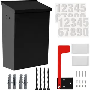 7.1"x10.1"x3.8" Wall-Mount Mailbox for House with Flag and Number Stickers, Rust-Proof Carbon Steel Black Mailbox with Screws Ideal for Outdoor Use