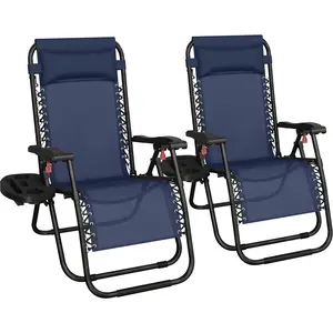 Costoffs Set of 2 Heavy-Duty 26in Zero Gravity Chairs, Foldable Outdoor Patio Recliners with Adjustable Headrest & Side Tray, for Backyard & Poolside