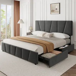 Bed Frame with 4 Storage Drawers, Upholstered Platform Bed with Adjustable Headboard, Linen Fabric, No Box Spring Needed, Sturdy Metal Slats Support, Noise Free, Space Saving
