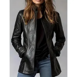 GFWomen's Leather Jacket Stand Collar Long SleeveVintage Trendy Gothic PU Leather Jacket Coat