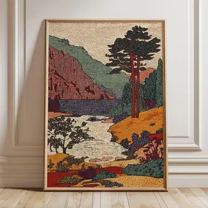 Vintage Landscape Art Print, Retro Scenic Wall Art with Mountains and River, Warm Earth Tone Poster, Classic Nature Home Decor 6