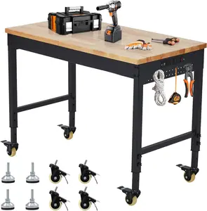 Heavy Duty Adjustable Workbench 72" x 25" with Power Outlets – Rubberwood Top, 2000 lbs Capacity, Mobile Workstation with Locking Wheels for Garage, Workshop, Office – Black, U.S. Regulations