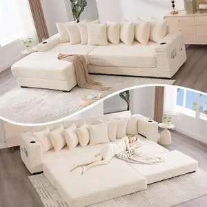 Oversized L-Shaped Modular Sectional Sofa Couch with 8 Pillows, Convertible Corduroy Sleeper Sofa Bed with Cupholders & Storage Pockets, Cloud Couch with Movable Ottoman for Living Room, Beige