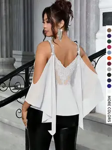 Women's Plus Size Chiffon Shirt, Silver Color Ribbon Decoration, Elegant Lace Patchwork Design, Casual Daily Wear, Fashionable and Versatile