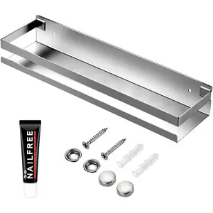 Rustproof Metal Storage Floating Shelves Wall Mounted Rectangular Shelf for Bedroom,Bathroom, Living Room, Kitchen, and Laundry Room,Nail-Free Wall-Mounted Shelves(15.75 Inch Silver)