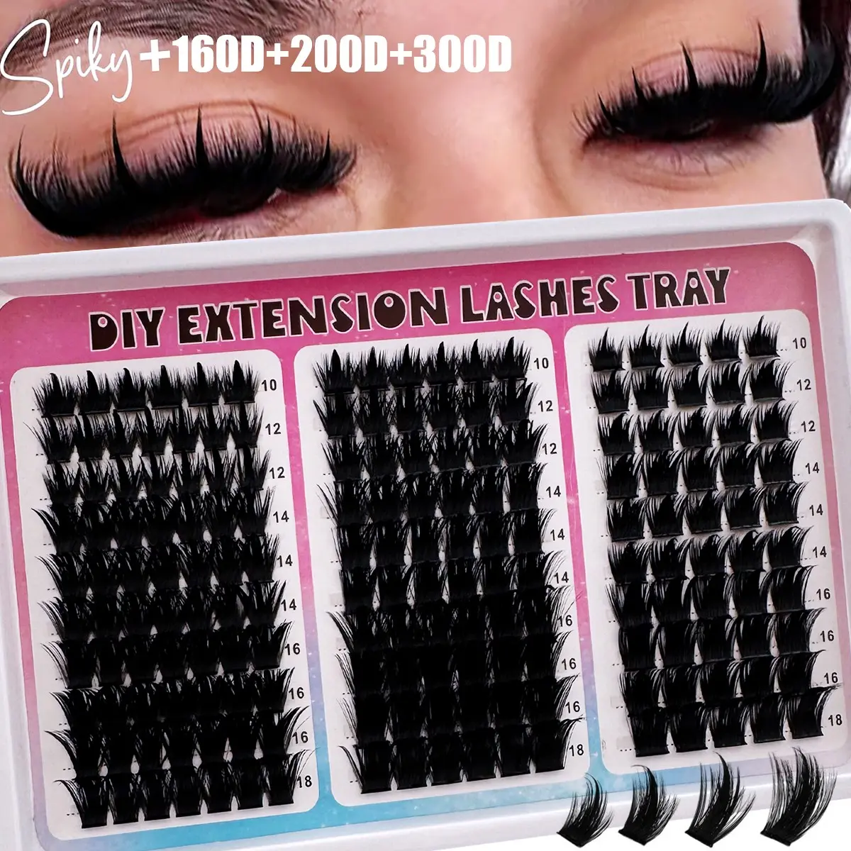 300D+200D+160D/60D+100D+60D Spikes Lash Cluster Eyelash Extensions 180pcs/260pcs Thick Spiky Individuals Lashes, Bold Separated Lashes 10-18mm Wispy Fluffy Curly Eyelash Extensions DIY Eyelash Clusters Cosmetic Curly Lashes Voluminous False Eyelashes