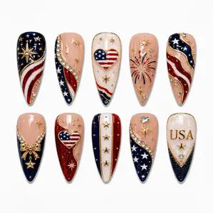 Patriotic Coquette False Press On Nails, Sparkle Rhinestone Manicure Party Gift, 4th of July Nail Set, USA Star Flag Celebration Nails, Festive Aesthetic Nail Set,Custom Nails For Women, Party, Holiday Nails