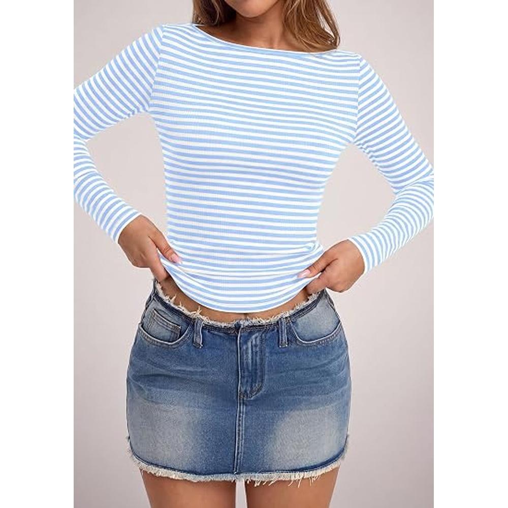 PRETTYGARDEN Long Sleeve Striped Shirts for Women | Soft Ribbed Knit ,Y2k Tshirt,Slim Fit Layering,Cute Tops,Basic Tee,Business Casual Outfits, Spring Fall Trendy Clothes#SohoChic