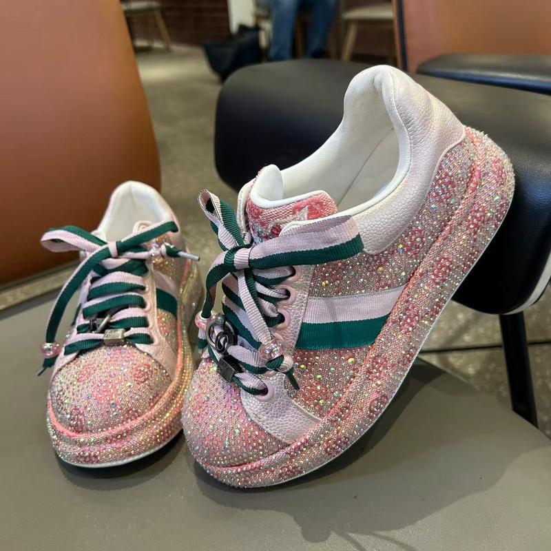 Glittery Pink Low - Top Sneakers for Women Women's Shiny Pink Platform Casual Shoes Stylish Pink Glitter Platform Women's Sneakers Girl Trainer Girl Girl Trainer Runner Athletic Training Footwear Closed Running