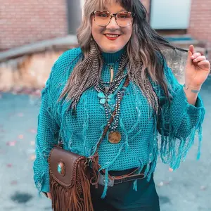 Women's Turquoise Knit Sweater with Tassel Fringe Detail - Womenswear, Knitwear.