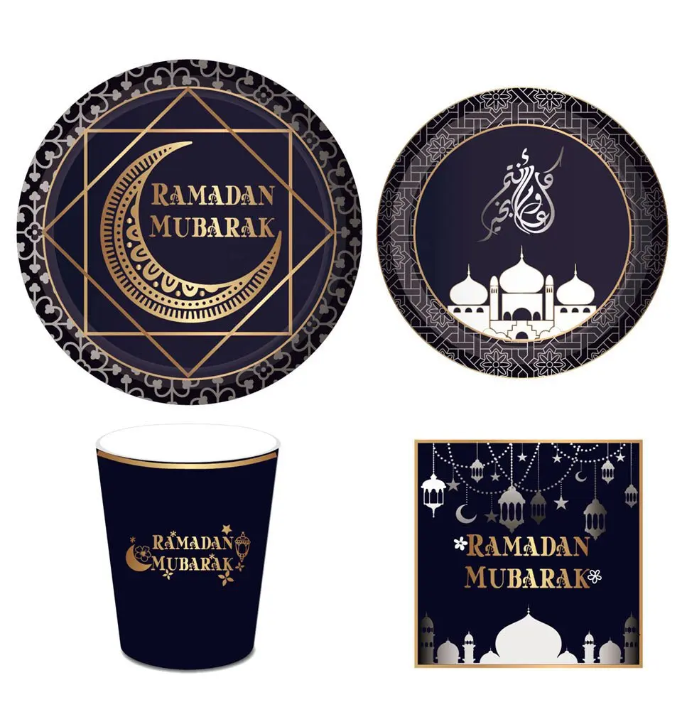 Ramadan Mubarak Disposable Dinner Set for 8 - Plates, Cups, Napkins - Black