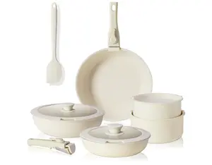 12 Piece Nonstick Pots and  Pans Set - Kitchen Cookware with Removable Handles - Ideal for Home Cooking, Cream White