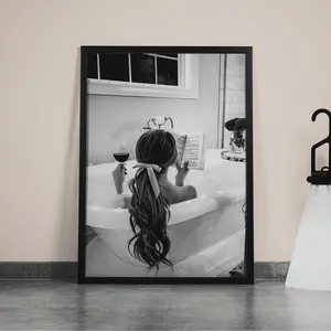 Woman Drinking Wine & Reading in Bathtub Print, Black and White Feminist Poster, Trendy Modern Bathroom Wall Art Print, Girls Bathroom Home Decor