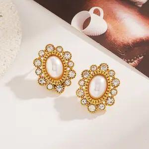 18K Gold Plated Stainless Steel Oval Pearl Stud Earrings, Vintage CZ Zircon Halo Earrings, Waterproof Tarnish Resistant Hypoallergenic Jewelry Gift for Women