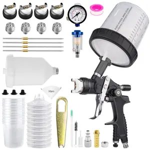 RRJ HVLP 775 spray gun with 1.4/1.7/2.0/2.5mm nozzles comes with 10 disposable cans and a plastic canister. It is suitable for home touch-up painting, garden fences, furniture spraying, and is lightweight, easy to use and affordable. High-Pressure Kit air