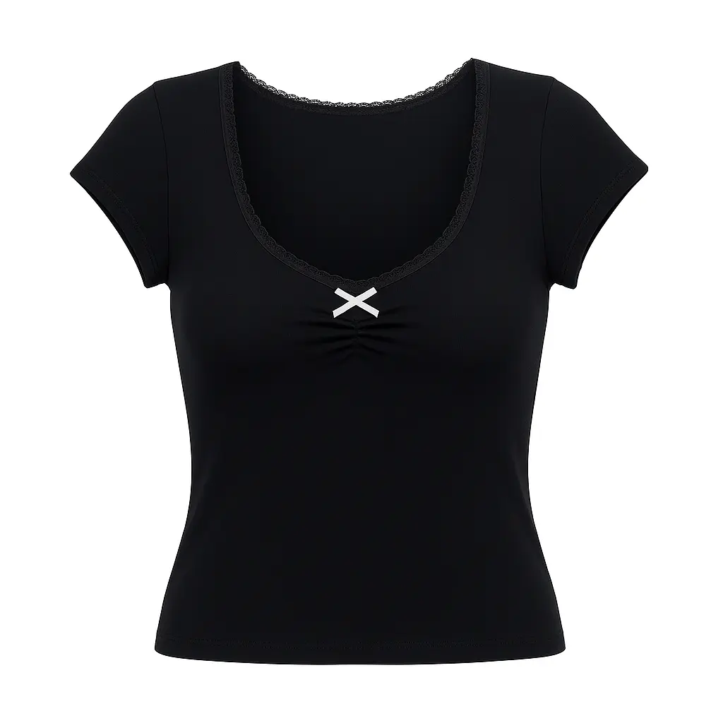 ULTIMATE Control V-Neck Short Sleeve Lace Trim Ruched Crop Top Soft Stretchy 92% Nylon 8% Spandex Breathable Feminine Fit for Casual Dressy Women's Wear