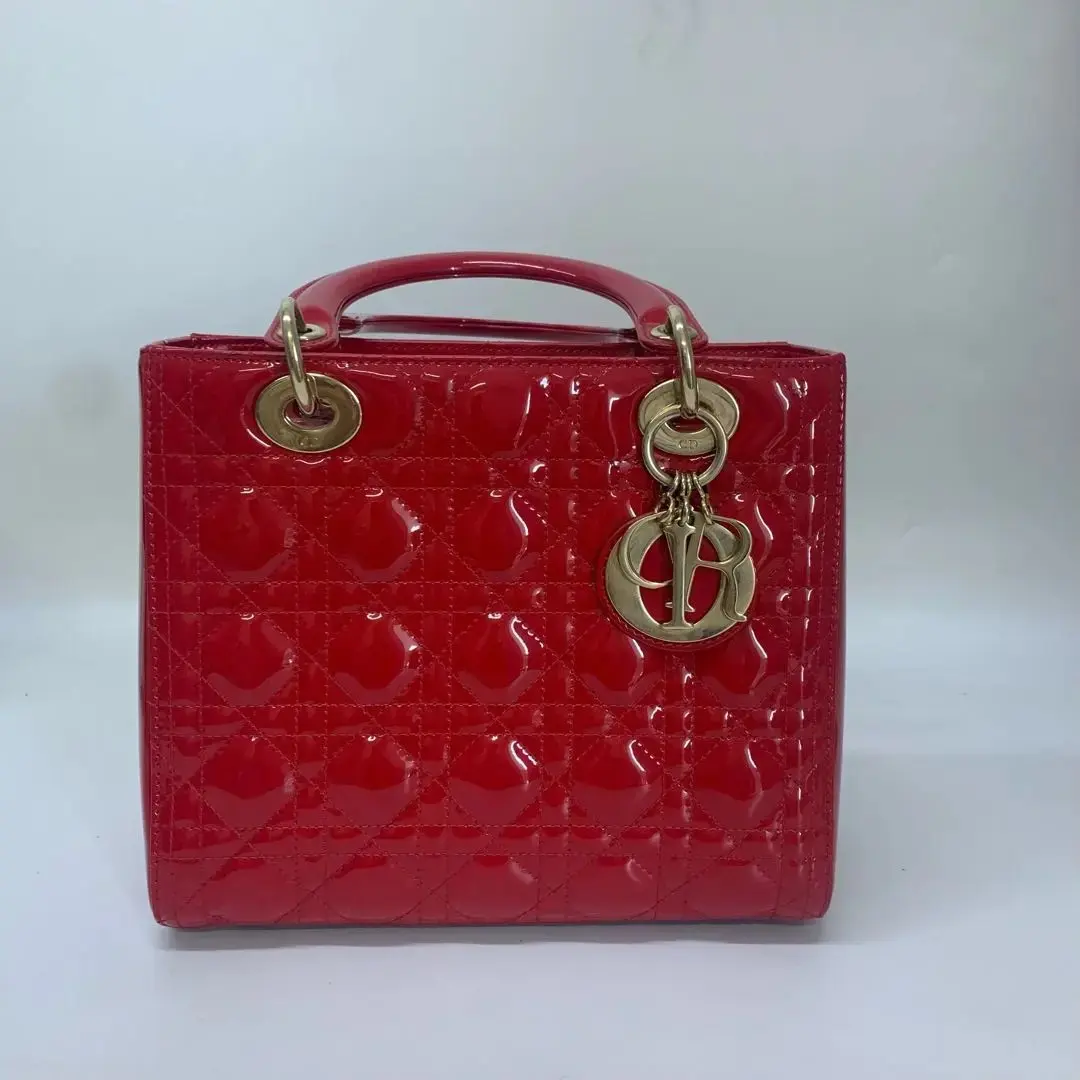 Pre-owned Dior 7328｜Dior Lady Medium Red Patent Cannage Quilted Bag Gold‑Tone Hardware Handbag