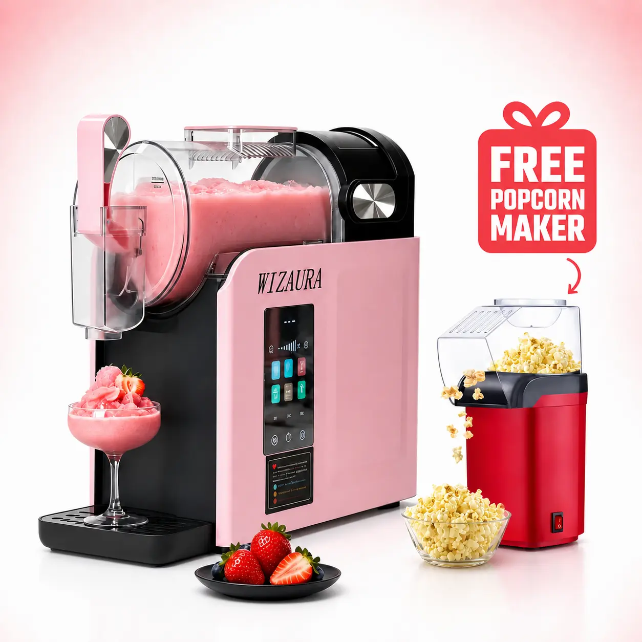 WizAura Pink Slushie Machine - 68 oz Large Capacity, No Pre-Freezing Ice Required, 6 Preset Multi-Mode Blend, Auto-Clean Cycle, Dishwasher-Safe, Digital Temp Display Frozen Drink Maker, Ideal Party Gift