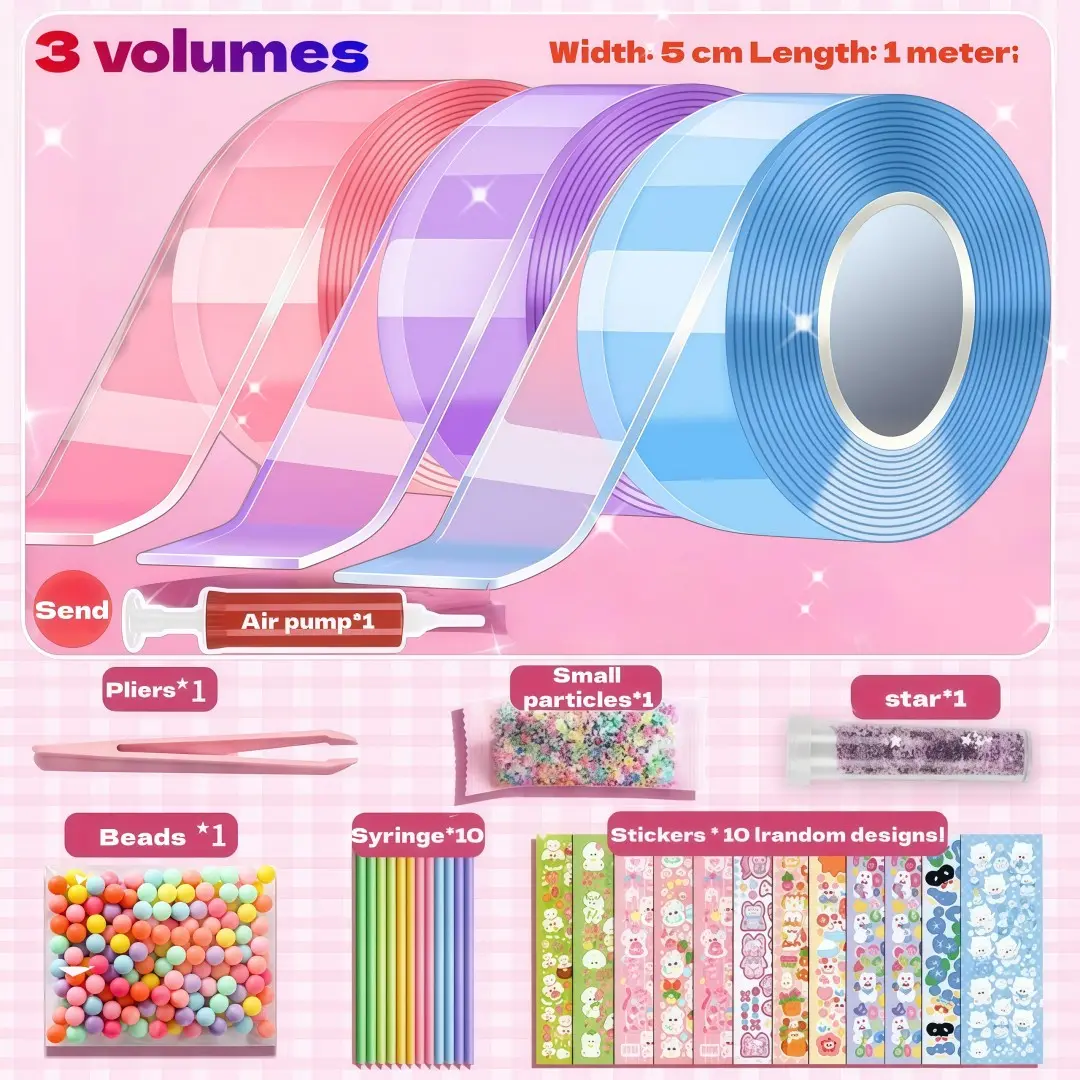 DIY Nano Tape Kit with Bubble Blower, Straw, Tweezers, Stickers, Double Sided Strong Adhesion Sticky Adhesive Plastic Nanotape, Perfect for Party Gifts, Creativity, Crafting, and Fun Crafts