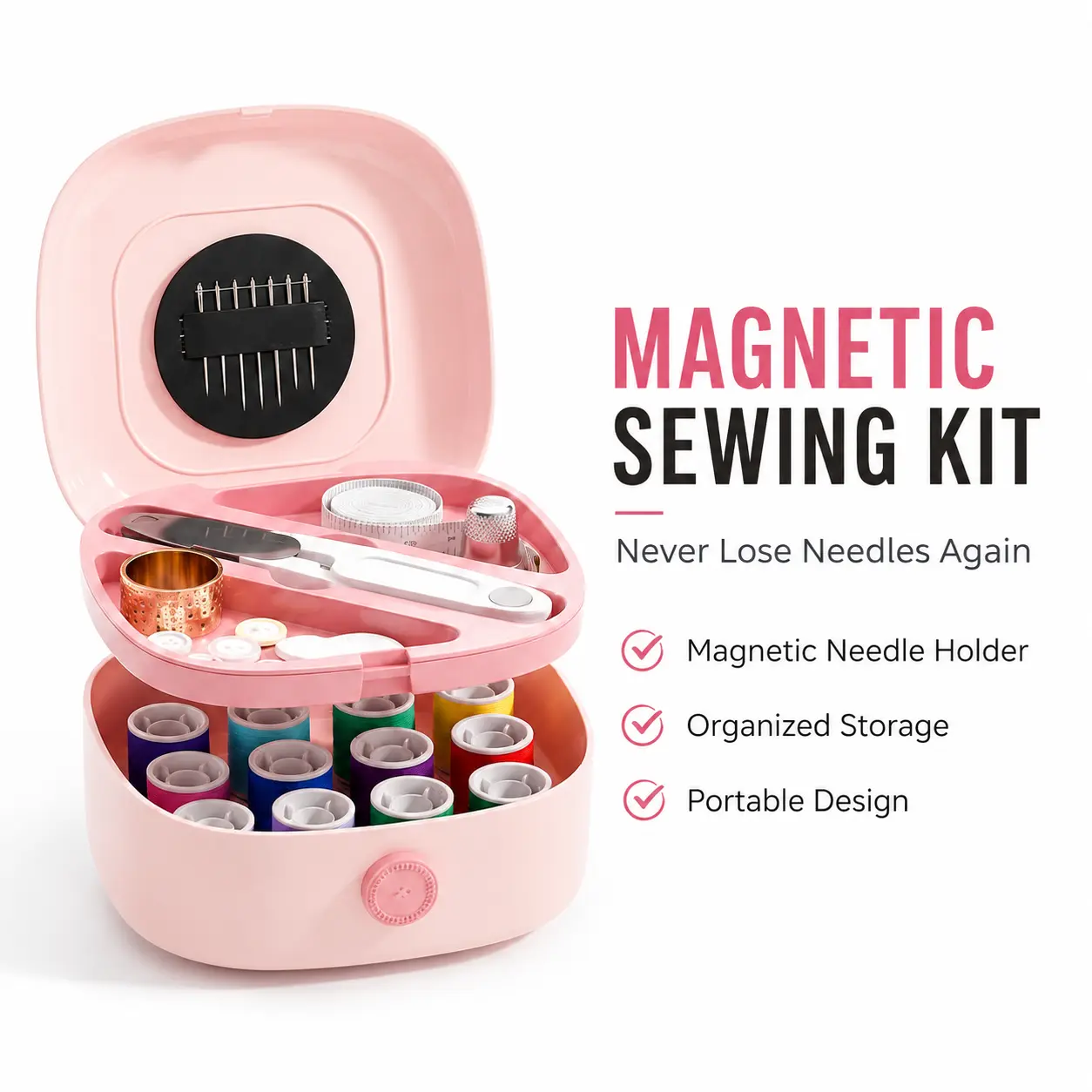 Mini Portable Sewing Kit, Travel Sewing Kit with Needles, Thread, Needle Threader & Magnetic Storage Case, Emergency Sewing Repair Tools for Home, Office & On-the-Go Use