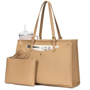 BAGOK Laptop Tote Bag for Women, 15.6–17.3 Inch Large Work Bag with Cup Holder & Multi Pockets, Vegan Leather Shoulder Bag with Clutch for Office, Travel & Daily Use，valentines day bag