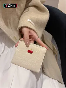 Short, bi-fold ultra-thin wallet; niche design; cherry-decorated wallet; short, compact, and exquisite card holder; coin purse; multi-card slot document organizer; suitable for commuting, shopping, organization, and business trips.