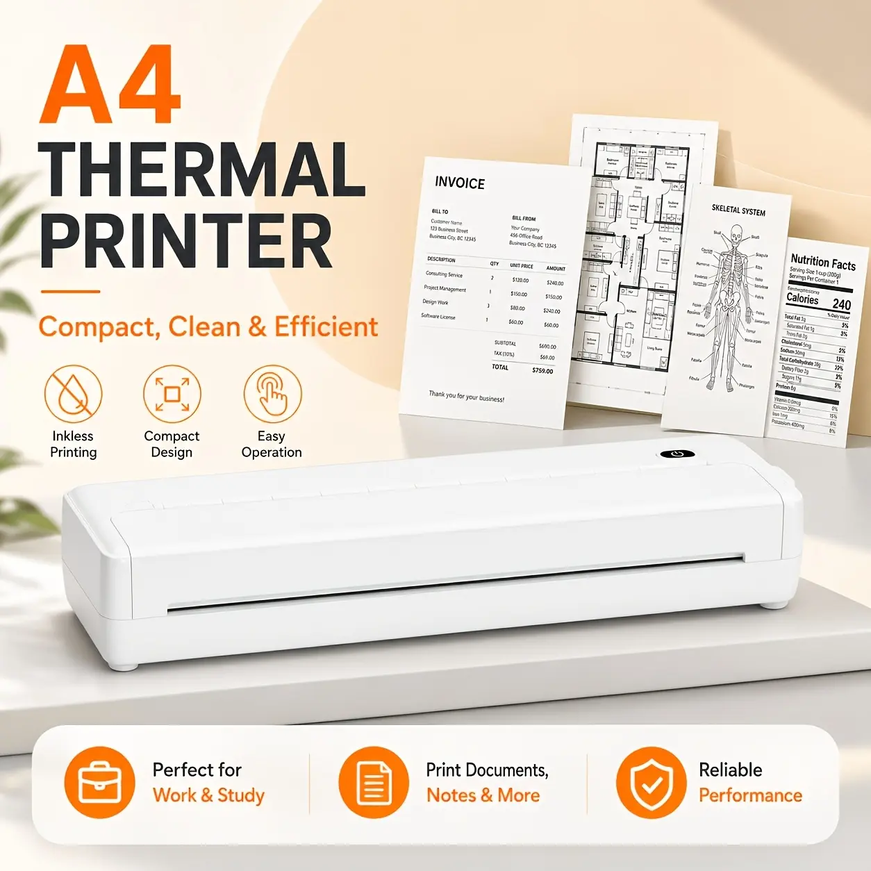 Inkless Portable Printer, Wireless Bluetooth Thermal Printer for Travel & Office, Compatible with iOS, Android & Laptop, Supports 8.5"x11" US Letter & A4 Paper, Compact Thermal Printing,SummerVibes