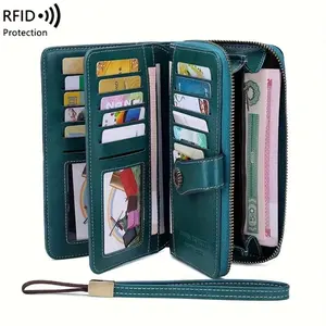 Retro PU Leather Large Capacity Women��s Purse �C 23 Card Slots with RFID Blocking, 12 Card Slots without RFID �C Wallet with Wrist Strap, Stain Resistant & Easy to Clean, Holds Passport, Ticket & Credit Cards