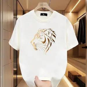 Men's Retro Casual Round Neck Short-Sleeve T-Shirt - Thick Cotton, Loose Fit, Printed Tiger Design, Streetwear, Couple-Friendly, Summer Holiday Menswear Top, Half-Sleeve Tshirt