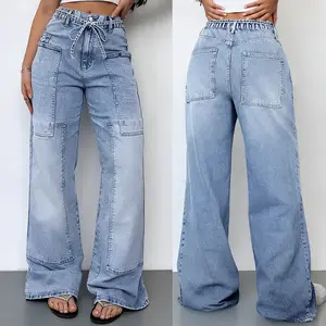 2026 New Retro Washed Lace-Up Wide-Leg Women’s High-Waist Loose Street Style Slimming Denim Jeans