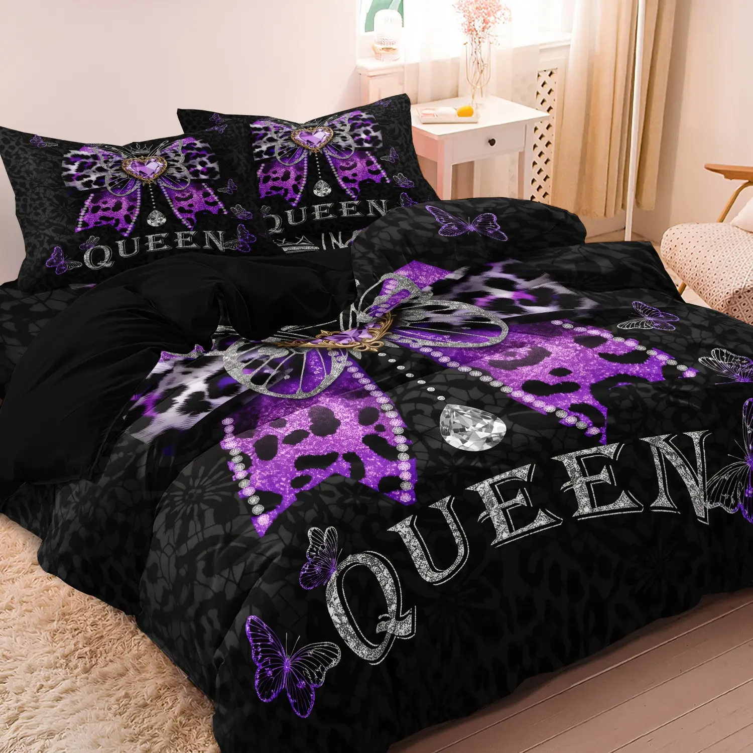 3pcs 3D Flat Printing Non-real embroidery Print Duvet Cover Set,Purple Queen Leopard Pattern Bowknot Pattern Duvet Cover Set King Queen Style Bedding Set, Bedroom Guest Room Valentine'S Day Gift couple (1 Duvet Cover +  2 Pillowcases,NO Coreless)