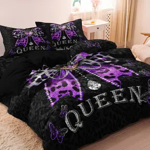 3pcs 3D Flat Printing Non-real embroidery Print Duvet Cover Set,Purple Queen Leopard Pattern Bowknot Pattern Duvet Cover Set King Queen Style Bedding Set, Bedroom Guest Room Valentine'S Day Gift couple (1 Duvet Cover +  2 Pillowcases,NO Coreless)