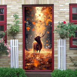 2pcs Autumn Forest Elk Wall Stickers Nordic Style Self Adhesive Removable Maple Leaf Animal Pattern Decals for Living Room Bedroom Kids Room Home Decorative Wall Art Decor  Collage Self-Adhesive Door