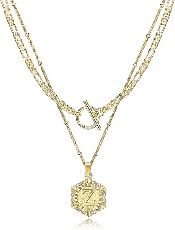 KissYan Gold Layered Initial Necklace for Women, 14K Gold Plated Hexagon Letter Necklace Capital Monogram Pendant Toggle Clasp Layering Figaro Bead Chain Necklace,summerwins