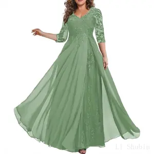 SleeveMotherofTheBrideDressesforWeddingChiffonLaceV-NeckLongFormalEveningGowns